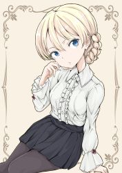 Rule 34 | 10s, 1girl, absurdres, arm behind back, black pantyhose, black skirt, blonde hair, blue eyes, braid, brown background, closed mouth, collar, commentary, darjeeling (girls und panzer), formal, frilled collar, frilled shirt collar, frills, girls und panzer, head tilt, highres, leaning to the side, light frown, long sleeves, looking at viewer, lying, miniskirt, on side, pantyhose, pleated skirt, shibagami, shirt, short hair, sitting, skirt, solo, twin braids, white shirt, wing collar, yokozuwari