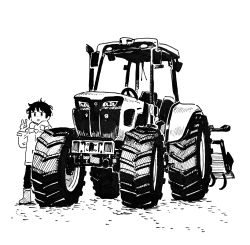 Rule 34 | 1girl, boots, coat, commentary request, full body, greyscale, highres, long sleeves, monochrome, muji (uimss), original, pants, scarf, short hair, solo, standing, tractor, v