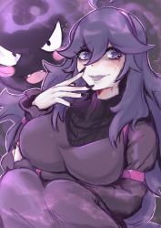 Rule 34 | 1girl, @ @, ahoge, alternate breast size, armband, black eyes, black nails, black sweater, blush stickers, breast hold, breasts, closed mouth, creatures (company), dress, eyelashes, fangs, fingernails, flying sweatdrops, furrowed brow, game freak, gastly, gen 1 pokemon, hair between eyes, hairband, hand up, hex maniac (pokemon), highres, large breasts, lips, long fingernails, long fingers, long hair, long sleeves, looking at viewer, nail polish, nintendo, npc trainer, open mouth, outline, pokemon, pokemon (creature), pokemon xy, purple armband, purple background, purple dress, purple eyes, purple hair, purple hairband, purple lips, purple outline, purple wristband, ribbed sweater, smile, solid eyes, sweatdrop, sweater, turtleneck, turtleneck sweater, vialnite, wristband