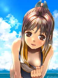 Rule 34 | 10s, 1girl, breasts, brown eyes, brown hair, clothes pull, cloud, day, downblouse, flashing, i-401 (kancolle), kantai collection, leaning forward, naughty face, one-piece swimsuit, shiden (sashimi no wife), shirt pull, sidelocks, sky, small breasts, smile, solo, swimsuit, water
