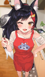 Rule 34 | 1girl, ;d, animal ear fluff, animal ears, apron, black hair, blurry, blurry background, blush, fang, hair ornament, hairpin, hand on own hip, hand up, highres, holding, holding ladle, hololive, indoors, kitchen, ladle, long hair, multicolored hair, one eye closed, ookami mio, open mouth, red apron, red hair, ryamuchan, shirt, skin fang, smile, solo, streaked hair, tail, virtual youtuber, white shirt, wolf ears, wolf girl, wolf tail, yellow eyes
