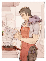 Rule 34 | 1boy, alternate costume, apron, bad id, bad pixiv id, bara, black hair, brown hair, chataro1412, cooking, creature, from side, glasses, male focus, on shoulder, pectorals, red apron, rimless eyewear, motoori shiro, short hair, sideburns, sidepec, smile, solo, thick eyebrows, tokyo houkago summoners, toned, toned male, valentine