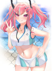 Rule 34 | 1girl, :q, absurdres, armpits, azur lane, bare legs, bare shoulders, blush, breasts, bremerton (azur lane), bremerton (scorching-hot training) (azur lane), chain-link fence, cleavage, collarbone, collared shirt, commentary request, cowboy shot, crop top, crop top overhang, fence, green skirt, grey hair, groin, hair between eyes, hair intakes, hair ornament, hairclip, hand on own hip, hand up, heart, heart necklace, highres, jewelry, large breasts, long hair, looking at viewer, maigo inu, midriff, mole, mole under eye, multicolored hair, navel, navel piercing, necklace, piercing, pink eyes, pink hair, shirt, sidelocks, skirt, sleeveless, sleeveless shirt, smile, solo, sportswear, standing, streaked hair, tennis uniform, tongue, tongue out, twintails, two-tone hair, two-tone shirt, two-tone skirt, v, white shirt, white skirt, x hair ornament