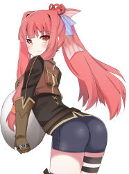 Rule 34 | 1girl, ass, bike shorts, blush, bow, breasts, carrying, cosplay, egg, fingerless gloves, gloves, hair bow, hair ribbon, highres, kotonoha akane, leaning, leaning forward, long hair, looking at viewer, monster hunter (series), pink hair, ponytail, red eyes, ribbon, sideboob, smile, solo, very long hair, voiceroid