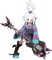 Rule 34 | 10s, 1girl, absurdres, bass guitar, blue hair, boots, creatures (company), female focus, game freak, guitar, gym leader, highres, instrument, looking at viewer, nintendo, official art, oomura yuusuke, pokemon, pokemon bw2, roxie (pokemon), shirt, short hair, solo, striped clothes, striped shirt, topknot, white hair