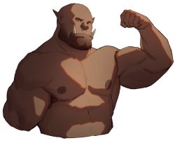 Rule 34 | 1boy, abs, bald, bara, beard, biceps, cropped torso, dark skin, facial hair, fangs, flexing, garrosh hellscream, highres, large pectorals, male focus, mature male, monster boy, muscular, muscular male, nipples, orc, pectorals, pointy ears, ryker, solo, stomach, stubble, warcraft, white background, world of warcraft