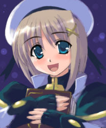 Rule 34 | 00s, 1girl, :d, beret, blush, book, genshi, grimoire, hair ornament, hat, holding, holding book, looking at viewer, lyrical nanoha, mahou shoujo lyrical nanoha, mahou shoujo lyrical nanoha a&#039;s, open mouth, short hair, smile, solo, tareme, upper body, x hair ornament, yagami hayate