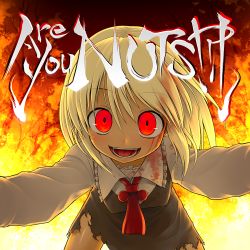 Rule 34 | 1girl, album cover, blonde hair, blood, blood in hair, blood on clothes, blood on face, cover, crazy, crazy eyes, crazy smile, dress, ebizome, embodiment of scarlet devil, english text, ex-rumia, fangs, female focus, fire, hair ribbon, looking at viewer, pov, red eyes, ribbon, rumia, short hair, smile, solo, torn clothes, torn dress, touhou, wiest, yandere, you gonna get raped