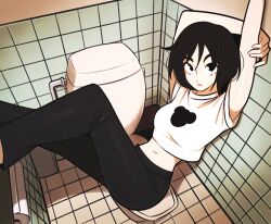 Rule 34 | 1girl, absurdres, arms up, black eyes, black hair, commentary, cropped shirt, highres, jeff miga, looking at viewer, medium hair, midriff, navel, original, sitting, solo, toilet, toilet paper