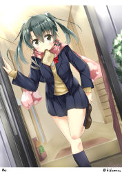 Rule 34 | 10s, 1girl, alternate costume, black skirt, black socks, blazer, blush, bread slice, brown eyes, brown footwear, contemporary, doorway, dutch angle, food, food in mouth, hair ribbon, hino (2nd life), jacket, kantai collection, kneehighs, leg up, loafers, looking at viewer, miniskirt, mouth hold, open door, pleated skirt, ribbon, scarf, school uniform, shoes, skirt, socks, solo, standing, standing on one leg, sweat, sweatdrop, toast, toast in mouth, twintails, twitter username, zuikaku (kancolle)