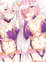 Rule 34 | 2girls, alternate costume, bare shoulders, blush, braid, breasts, collar, collarbone, cosplay, demon girl, demon horns, detached sleeves, embarrassed, fate/grand order, fate (series), hair between eyes, hair over one eye, half-closed eyes, horns, irisviel von einzbern, irisviel von einzbern (cosplay), irisviel von einzbern (halloween princess), jirou (tamaho39), large breasts, long hair, looking at another, looking at viewer, lying, mash kyrielight, matching outfits, md5 mismatch, multiple girls, navel, olga marie animusphere, on back, open mouth, pink hair, purple eyes, revealing clothes, short hair, silver hair, stomach, thighhighs
