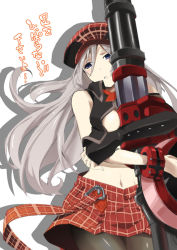 Rule 34 | 10s, 1girl, alisa ilinichina amiella, blue eyes, boots, breasts, elbow gloves, fingerless gloves, gloves, god eater, god eater burst, gun, hat, holding, holding weapon, long hair, looking at viewer, navel, okiura, pantyhose, silver hair, simple background, skirt, solo, suspender skirt, suspenders, thigh boots, thighhighs, underboob, weapon
