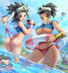Rule 34 | 10s, 2girls, 3girls, 6+boys, absurdres, angel (dragon ball), ass, assisted exposure, ball, beach, beachball, bikini, bird, black hair, blue eyes, blue skin, blush, breasts, butt crack, cabba, caulifla, character request, colored skin, curvy, diving mask, dragon ball, dragon ball (object), dragon ball super, dutch angle, earrings, facing viewer, goggles, green bikini, high ponytail, highres, hit (dragon ball), innertube, jammeryx, jewelry, kale (dragon ball), large breasts, lipstick, looking at viewer, looking back, makeup, multiple boys, multiple girls, navel, on ground, outdoors, palm tree, partially submerged, sailor collar, saiyan, seagull, smile, spiked hair, sumika, swim ring, swimsuit, torn clothes, tree, underboob, universe 6 (dragon ball), vados (dragon ball), wading, water, wedgie, wet
