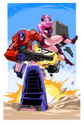 Rule 34 | 1girl, autobot, biting own lip, blue eyes, character name, elita one, explosion, gun, holding, holding gun, holding weapon, looking down, looking up, makoto ono, mecha, mecha focus, optimus prime, parted lips, robot, sky, trailer, transformers, transformers: generation 1, weapon