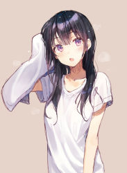Rule 34 | 1girl, :o, black hair, blush, collarbone, commentary, drying, drying hair, holding, holding towel, long hair, looking at viewer, open mouth, original, purple eyes, rimo, shirt, short sleeves, solo, t-shirt, towel, upper body, white shirt