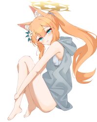 Rule 34 | 1girl, absurdres, animal ear fluff, animal ears, ass, barefoot, blue archive, blue eyes, blush, bottomless, breasts, cat ears, grey hoodie, halo, highres, hood, hood down, hoodie, kabocya na, long hair, looking at viewer, mari (blue archive), open mouth, orange hair, simple background, sleeveless, sleeveless hoodie, small breasts, smile, solo, toes, white background, yellow halo