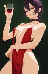 Rule 34 | 1girl, absurdres, alcohol, bare arms, bare shoulders, black choker, black eyes, breasts, choker, commission, cowboy shot, cup, dnaitari, double-parted bangs, dress, drinking glass, evening gown, gradient background, hair between eyes, hair flaps, hand up, highres, holding, holding cup, light smile, long bangs, looking at viewer, medium breasts, no bra, no panties, original, parted lips, pelvic curtain, plunging neckline, purple hair, red dress, revealing clothes, short hair, solo, standing, teeth, wine, wine glass