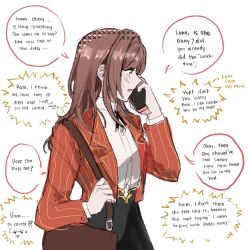 Rule 34 | 1girl, bag, black skirt, blush, brown hair, cellphone, collared shirt, dress shirt, english text, engrish text, highres, holding, holding phone, jacket, long hair, long sleeves, open clothes, open jacket, parted lips, phone, profile, qeanoya, ranguage, red jacket, rosa (tears of themis), shirt, shoulder bag, simple background, skirt, solo, striped clothes, striped jacket, sweat, tears of themis, vertical-striped clothes, vertical-striped jacket, white background, white shirt, yellow eyes