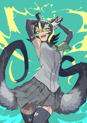 Rule 34 | 1girl, animal ear fluff, armpits, arms up, black gloves, black hair, black thighhighs, blonde hair, cowboy shot, don3, electricity, evil smile, fangs, gloves, glowing, glowing eyes, green background, green eyes, green necktie, grey shirt, grey skirt, hair between eyes, kemono friends, kemono friends 3, looking at viewer, medium hair, miniskirt, multicolored hair, multicolored tail, multiple tails, necktie, open mouth, pleated skirt, raijuu (kemono friends), shirt, simple background, skirt, sleeveless, sleeveless shirt, smile, solo, tail, tan, thighhighs, torn clothes, torn gloves, torn skirt, torn thighhighs, two-tone hair, two tails, v-shaped eyebrows, zettai ryouiki