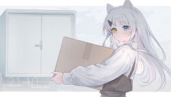 Rule 34 | 1girl, absurdres, animal ears, blue eyes, box, cat ears, chiyuki0321, commentary request, english text, floating hair, hair ornament, hairclip, heterochromia, highres, holding, holding box, light particles, long hair, long sleeves, looking at viewer, original, parted lips, shirt, solo, timestamp, upper body, white hair, white shirt, yellow eyes