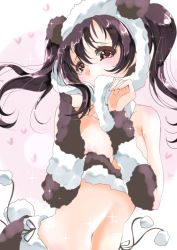 Rule 34 | 10s, 1girl, animal costume, black hair, blush, breasts, covering own mouth, frapowa, hair between eyes, long hair, love live!, love live! school idol project, navel, nipple slip, nipples, panda costume, pom pom (clothes), red eyes, small breasts, solo, sparkle, twintails, yazawa nico