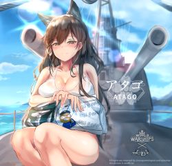 Rule 34 | 1girl, absurdres, animal ears, atago (azur lane), atago (cruiser), atago (summer march) (azur lane), azur lane, bikini, black hair, blue sky, blurry, blurry background, blush, breasts, brown eyes, cannon, closed mouth, cloud, cruiser, day, extra ears, hair between eyes, hair ribbon, half-closed eyes, heavy cruiser, highres, historical name connection, imperial japanese navy, large breasts, long hair, looking at viewer, military, military vehicle, mole, mole under eye, name connection, object namesake, ocean, outdoors, pillow, ribbon, septet (zrca janne), ship, sidelocks, sitting, sky, smile, solo, sunlight, swept bangs, swimsuit, thighs, turret, warship, watercraft, white bikini, white ribbon, world of warships, world war ii