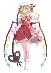 Rule 34 | 1girl, ascot, blonde hair, crystal, dress, flandre scarlet, hat, highres, laevatein (touhou), mahoro (minase mahoro), mob cap, red dress, short hair, solo, tagme, touhou, white background, white hat, white sleeves, wings, yellow ascot