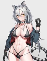 Rule 34 | 1girl, absurdres, alternate costume, animal ears, arknights, bare shoulders, bikini, black bikini, black choker, black gloves, black jacket, breasts, choker, chun bae, cleavage, cowboy shot, cropped jacket, gloves, grin, halterneck, hand up, highres, indra (arknights), jacket, large breasts, long hair, long sleeves, looking at viewer, multi-strapped bikini bottom, navel, off shoulder, open clothes, open jacket, smile, solo, standing, stomach, string bikini, swimsuit, tail, tiger ears, tiger tail, v-shaped eyebrows, white hair, yellow eyes