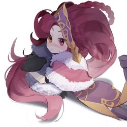 Rule 34 | 1girl, asymmetrical bangs, braid, brown eyes, capelet, dress, foot up, fur-trimmed capelet, fur trim, hair ornament, heterochromia, highres, league of legends, long hair, lying, on stomach, pink capelet, pink dress, pink eyes, pout, red hair, simple background, solo, teuchinso joi, white background, winterblessed zoe, zoe (league of legends)