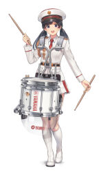 Rule 34 | 1girl, aiguillette, belt, black hair, boots, breasts, collared shirt, drum, drumsticks, full body, genso, hat, highres, holding, instrument, jacket, long hair, long sleeves, looking at viewer, marching band, military, military uniform, miniskirt, necktie, open mouth, original, peaked cap, pleated skirt, product placement, purple eyes, red necktie, shirt, simple background, skirt, small breasts, smile, snare drum, solo, standing, teeth, twintails, uniform, white background, white footwear, white hat, white jacket, white shirt, white skirt, yamaha