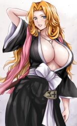 Rule 34 | 1girl, arm behind head, badge, black kimono, bleach, blue eyes, breasts, cleavage, commentary request, contrapposto, fukutaichou badge, highres, japanese clothes, kimono, large breasts, long hair, looking at viewer, matsumoto rangiku, mole, mole under mouth, o-ring, orange hair, parted bangs, parted lips, r-binon, sash, shinigami, simple background, smile, solo