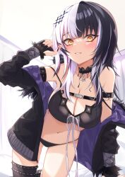 Rule 34 | 1girl, absurdres, black bra, black choker, black coat, black gloves, black nails, black panties, bra, breasts, choker, cleavage, coat, fingerless gloves, fur-trimmed coat, fur trim, gloves, hair ornament, heckler kai, highres, hololive, hololive english, jacket, large breasts, multicolored hair, navel, off shoulder, panties, parted lips, pendant choker, shiori novella, shiori novella (1st costume), simple background, solo, split-color hair, stomach, two-sided coat, two-sided fabric, underwear, virtual youtuber, white background, yellow eyes, yorick (shiori novella)