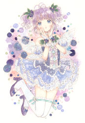Rule 34 | 1girl, ahoge, bare shoulders, blue eyes, blueberry, blueberry hair ornament, corset, curly hair, dress, fairy, fairy wings, food, food-themed hair ornament, frilled bracelet, frilled dress, frilled socks, frills, fruit, hair ornament, hands on own cheeks, hands on own face, hands up, heel up, high heels, kneehighs, leaf, light blush, looking at viewer, original, painting (medium), parted lips, purple corset, purple dress, purple footwear, purple hair, purple theme, short hair, socks, solo, takanashi tsubasa, traditional media, two side up, watercolor (medium), white socks, white wings, wings