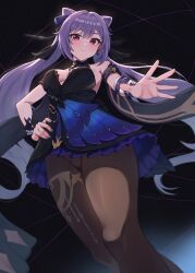 Rule 34 | 1girl, black choker, black dress, breasts, brown pantyhose, choker, cleavage, commentary request, cone hair bun, detached sleeves, dress, feet out of frame, genshin impact, hair bun, highres, kadokadokado, keqing (genshin impact), keqing (opulent splendor) (genshin impact), long hair, medium breasts, nail polish, pantyhose, purple eyes, purple hair, purple nails, short dress, short sleeves, solo, standing, strapless, strapless dress, thighs, twintails, very long hair