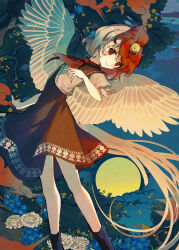 Rule 34 | 1girl, animal, animal on head, artist name, ascot, bird, bird on head, bird tail, bird wings, black footwear, blonde hair, blue flower, closed mouth, commentary request, feet out of frame, flower, highres, looking at viewer, medium hair, moon, multicolored hair, night, night sky, niwatari kutaka, oito (bowstringsmall), on head, red ascot, red eyes, red hair, red skirt, shirt, skirt, sky, smile, solo, tail, touhou, two-tone hair, white flower, white shirt, wings