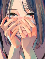 Rule 34 | 1girl, absurdres, artist name, brown hair, hands on own face, highres, huge filesize, looking at viewer, original, portrait, richard-kun, solo