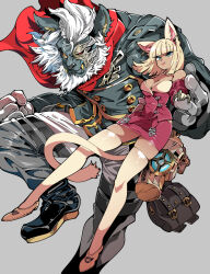 1boy 1girl animal_ears bare_shoulders blonde_hair blunt_bangs breasts cat_ears cat_girl cat_tail cleavage clenched_hand closed_mouth earrings fangs full_body furry furry_male gloves green_eyes grey_background jewelry kafun looking_at_viewer medium_breasts original shoes size_difference smile tail tail_around_own_leg thighhighs white_hair