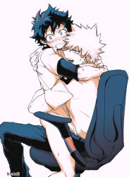 Rule 34 | 2boys, arm around back, arm around neck, bakugou katsuki, blush, boku no hero academia, bottomless, chair, cho mo futoshi, freckles, green eyes, implied anal, implied sex, looking at viewer, male focus, midoriya izuku, monochrome, multiple boys, office chair, open mouth, red eyes, simple background, sitting, sitting on lap, sitting on person, spiked hair, straddling, sweatdrop, swivel chair, teeth, twitter username, white background, yaoi
