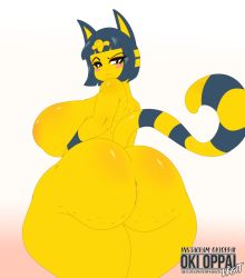 Rule 34 | 1girl, animal crossing, animal ears, ankha (animal crossing), artist name, ass, back, blunt bangs, blush, breasts, cat ears, cat tail, from behind, furry, furry female, highres, huge ass, huge breasts, nintendo, nude, okioppai, short hair, simple background, solo, tail, thick thighs, thighs, wide hips