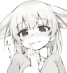 Rule 34 | 10s, 1girl, :3, animal ears, blush, closed mouth, ears down, extra ears, eyebrows, eyelashes, fennec (kemono friends), finger to cheek, fox ears, fur trim, greyscale, hand up, highres, index finger raised, kemono friends, looking at viewer, monochrome, neck ribbon, portrait, puffy short sleeves, puffy sleeves, ribbon, seramikku, short-sleeved sweater, short hair, short sleeves, simple background, smile, solo, sweater, tareme, upper body, white background