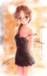 Rule 34 | 1girl, blush, braid, breasts, chemise, cleavage, cowboy shot, glasses, goto p, hoshina tomoko, indoors, off shoulder, signature, single braid, small breasts, solo, steam, strap slip, to heart, to heart (series)