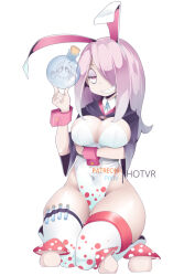 Rule 34 | 1girl, alternate breast size, animal ears, arm support, black robe, bottle, breasts, cleavage, clothes lift, commentary, curvy, english commentary, english text, fake animal ears, formal, full body, glass bottle, hair over one eye, half-closed eyes, holding, holding bottle, hot vr, kneeling, large breasts, leotard, little witch academia, long bangs, long hair, mushroom, one eye covered, pink hair, pixiv username, playboy bunny, rabbit ears, red eyes, robe, sharp teeth, simple background, skin tight, smile, solo, sucy manbavaran, suit, teeth, thick thighs, thigh strap, thighs, vial, white background, white suit, wide hips, wrist cuffs