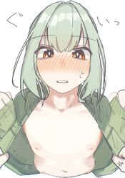Rule 34 | 1boy, 1other, anger vein, blush, collarbone, cropped torso, embarrassed, fisheye, green hair, hair intakes, highres, looking down, male focus, navel, open clothes, open shirt, otori-tan, red eyes, seitokai nimo anawa aru!, simple background, sleeves past wrists, solo focus, sweatdrop, trap, white background, yagi-san (aycib)