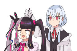 2girls :d ahoge_grab black_hair black_jacket bow closed_eyes collarbone collared_shirt commentary_request crying gloves grabbing_another&#039;s_hair grey_hair hair_between_eyes hair_bobbles hair_ornament hair_over_shoulder hairclip hakase_fuyuki hakase_fuyuki_(1st_costume) highres jacket long_hair low_twintails multicolored_hair multiple_girls neck_ribbon nijisanji off_shoulder open_clothes open_jacket open_mouth pink_bow purple_hair red_eyes red_ribbon ribbon shirt simple_background smile streaked_hair streaming_tears tears twintails two-tone_hair virtual_youtuber white_background white_gloves white_jacket white_shirt yorumi_rena yorumi_rena_(1st_costume) yowayowap