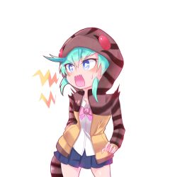 Rule 34 | 10s, 1girl, adapted costume, angry, blue eyes, blue hair, bow, bowtie, bright pupils, collared shirt, commentary request, cowboy shot, highres, hood, hoodie, kemono friends, long sleeves, pink bow, pink bowtie, pleated skirt, school uniform, shirt, short hair, simple background, skirt, snake tail, solo, striped, sweatdrop, tail, tsuchinoko (kemono friends), user sumj4734, white background