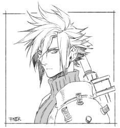 Rule 34 | 1boy, armor, border, buster sword, cloud strife, earrings, final fantasy, final fantasy vii, final fantasy vii remake, greyscale, hair between eyes, hiryuu (kugelcruor), jewelry, looking at viewer, male focus, monochrome, portrait, short hair, shoulder armor, single earring, sleeveless, sleeveless turtleneck, solo, spiked hair, turtleneck, weapon, weapon on back, white background