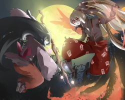 Rule 34 | 2girls, bamboo, battle, black hair, boots, bow, branch, clenched hand, cross-laced footwear, female focus, fiery wings, fire, fujiwara no mokou, full moon, hair bow, highres, hime cut, houraisan kaguya, jeweled branch of hourai, jumping, long hair, long sleeves, minmin (neko4339), moon, multiple girls, night, pale skin, pants, ponytail, profile, red eyes, rivalry, rivals, silhouette, suspenders, tail, touhou, white hair, wide sleeves, wings, yellow eyes