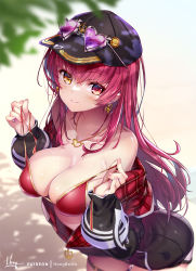 Rule 34 | 1girl, artist name, baseball cap, bikini, black hat, black jacket, blurry, blurry background, blush, breasts, cleavage, commentary request, earrings, eyewear on headwear, hands up, hat, heart, heart-shaped eyewear, heart earrings, heart necklace, heterochromia, hololive, hong (white spider), houshou marine, houshou marine (summer), jacket, jewelry, large breasts, leaning forward, long hair, long sleeves, looking at viewer, necklace, o-ring, o-ring thigh strap, off shoulder, official alternate costume, open clothes, open jacket, puffy long sleeves, puffy sleeves, red bikini, red eyes, red hair, signature, smile, solo, strap lift, string bikini, sunglasses, swimsuit, thigh strap, untied bikini, virtual youtuber, yellow eyes