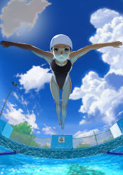 Rule 34 | 1girl, :t, barefoot, brown eyes, brown hair, caustics, cloud, competition swimsuit, day, fisheye, foreshortening, highres, holding breath, jumping, kakuchoshi, lane line, looking at viewer, midair, one-piece swimsuit, original, outstretched arms, pool, sky, solo, spread arms, swim cap, swimsuit, water
