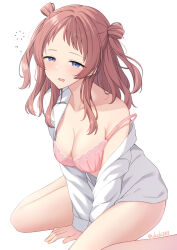 Rule 34 | 1girl, akahi242, bra, breasts, brown hair, cleavage, collarbone, commentary request, drooling, gakuen idolmaster, hanami saki, highres, idolmaster, long hair, looking at viewer, medium breasts, mouth drool, no pants, pink bra, shirt, single bare shoulder, sitting, sleepy, solo, squeans, strap slip, twitter username, two side up, underwear, wariza, white shirt